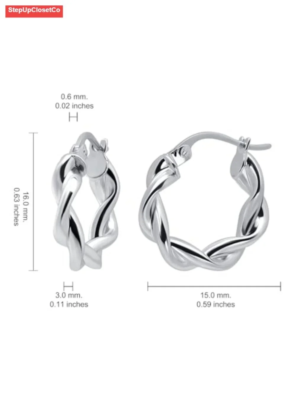 925 Sterling Silver Twisted Hoop Earrings for Women, 3mm, Hypoallergenic